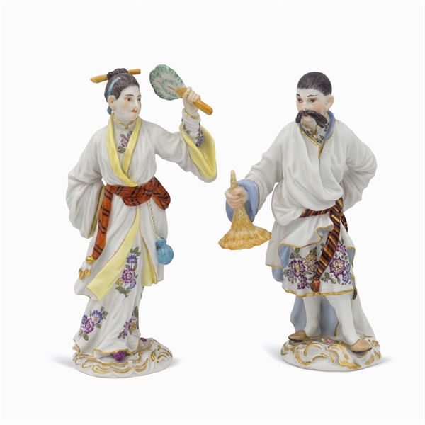 Meissen, coppia di figure in porcellana policroma