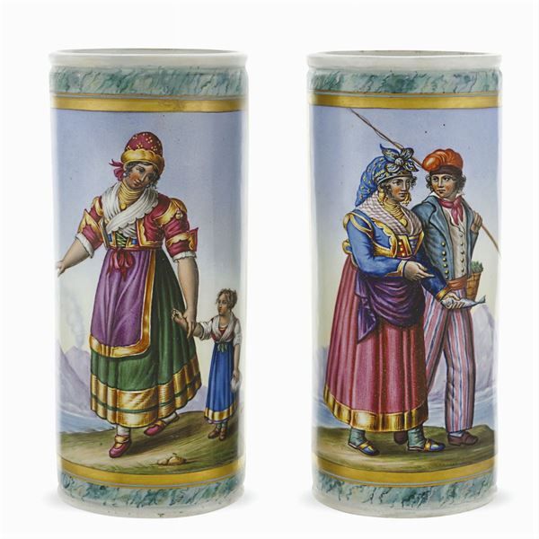 Pair of polychrome porcelain vases  (Naples, 19th century)  - Auction OLD MASTER AND 19TH CENTURY PAINTINGS - I - Colasanti Casa d'Aste