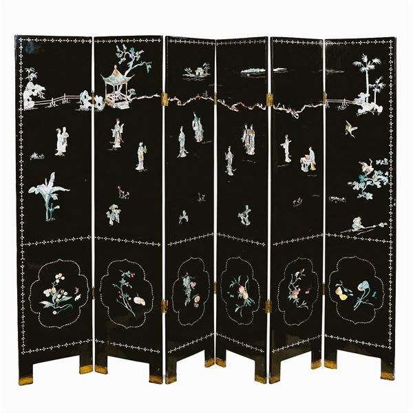 Lacquer wood six-panel folding screen