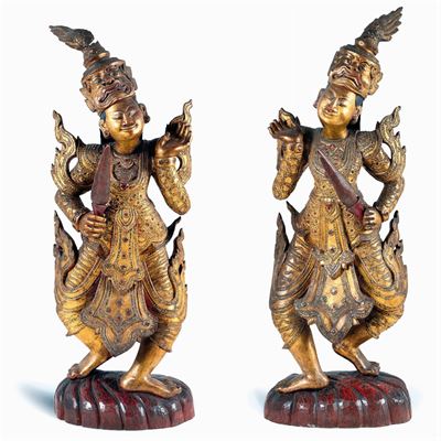 Coppia di Sculture in Legno Dorato e Laccato