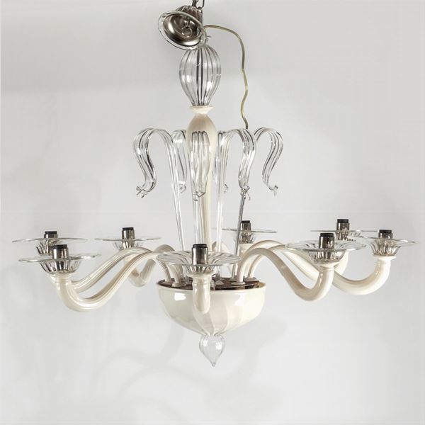 White and transparent glass chandelier  (20th century)  - Auction TIMED AUCTION 20TH CENTURY DECORATIVE ARTS - Colasanti Casa d'Aste