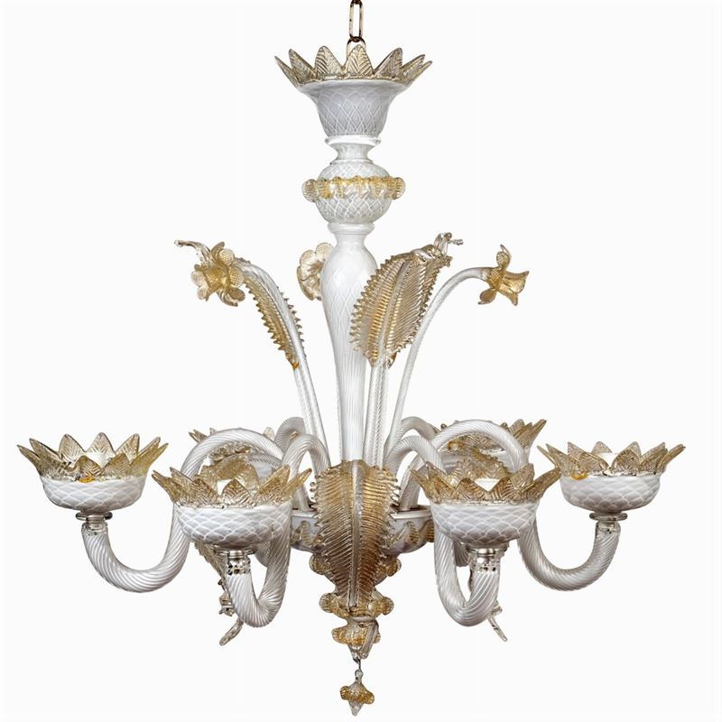 Lampadario a 6 Luci in Vetro Lattimo e Dorato, Prod. Mazzucato