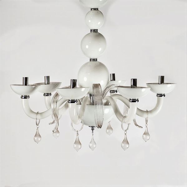 White and transparent glass chandelier  (20th century)  - Auction TIMED AUCTION 20TH CENTURY DECORATIVE ARTS - Colasanti Casa d'Aste