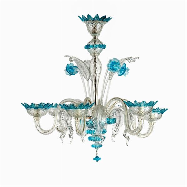Lampadario a 6 luci in vetro trasparente e azzurro, prod. Mazzucato
