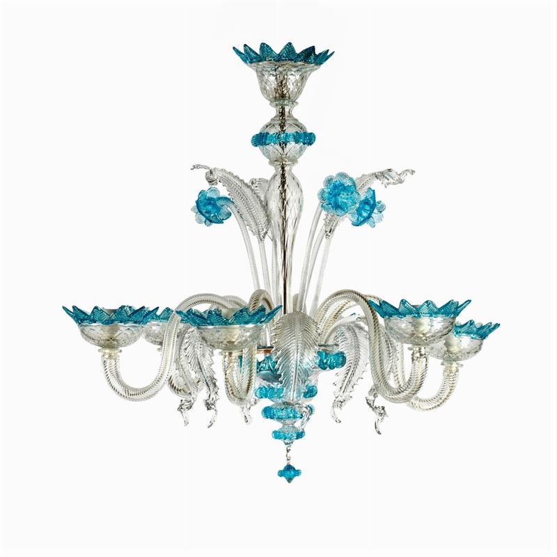 Lampadario a 6 Luci in Vetro Trasparente e Azzurro, Prod. Mazzucato