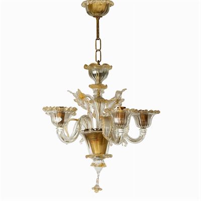 Lampadario a 5 Luci in Vetro Trasparente e Dorato