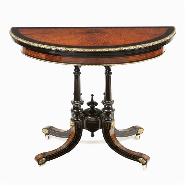 Tavolino console da gioco in radica e legno ebanizzato