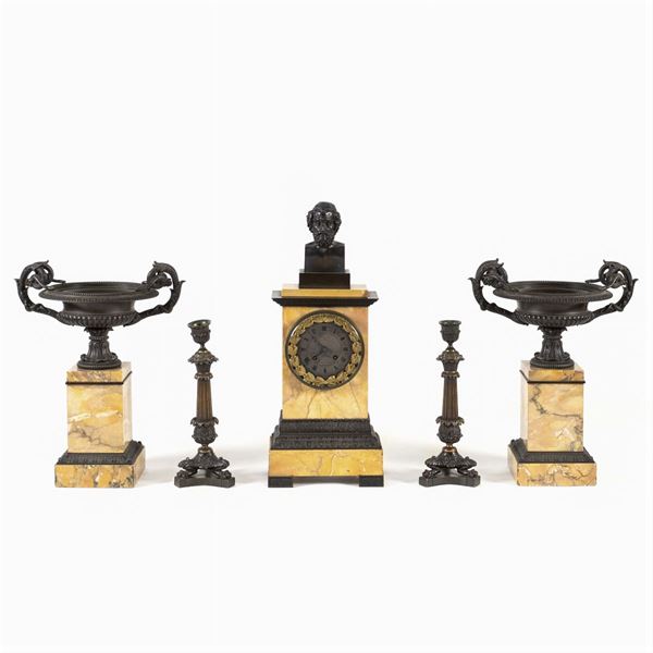 Burnished bronze and yellow marble tryptique