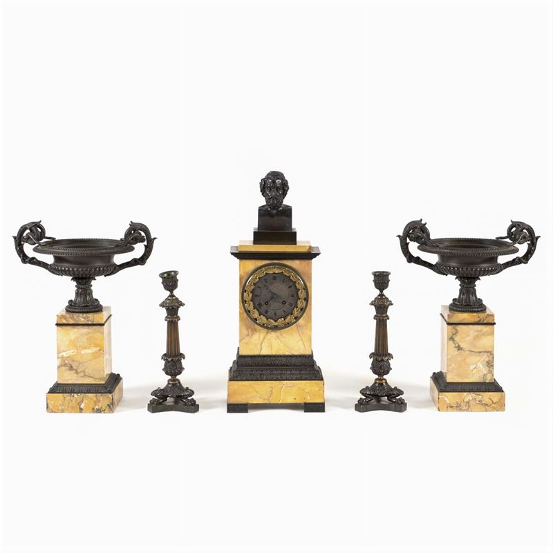 Set da Camino in Bronzo Brunito e Marmo Giallo