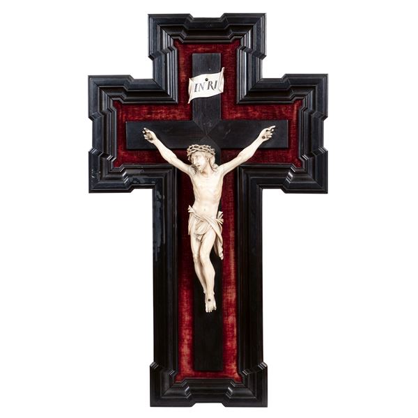 Crocifisso in legno con Cristo in avorio  (Germania, XIX Sec.)  - Asta DIPINTI ANTICHI DA UNA PRESTIGIOSA DIMORA ROMANA - I - Colasanti Casa d'Aste