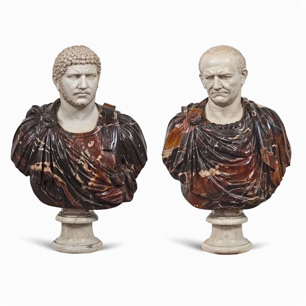 Pair of large busts in polychrome marbles