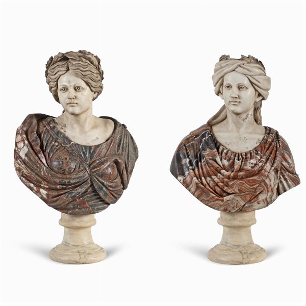 Pair of white and polychrome marble busts