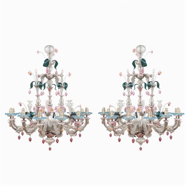Important pair of glass chandeliers  (Murano, mid 20th century)  - Auction OLD MASTER AND 19TH CENTURY PAINTINGS - I - Colasanti Casa d'Aste