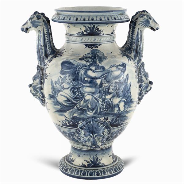 White and blue majolica chemists vase