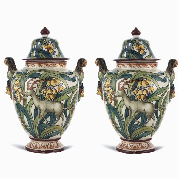Pair of majolica baluster potiches