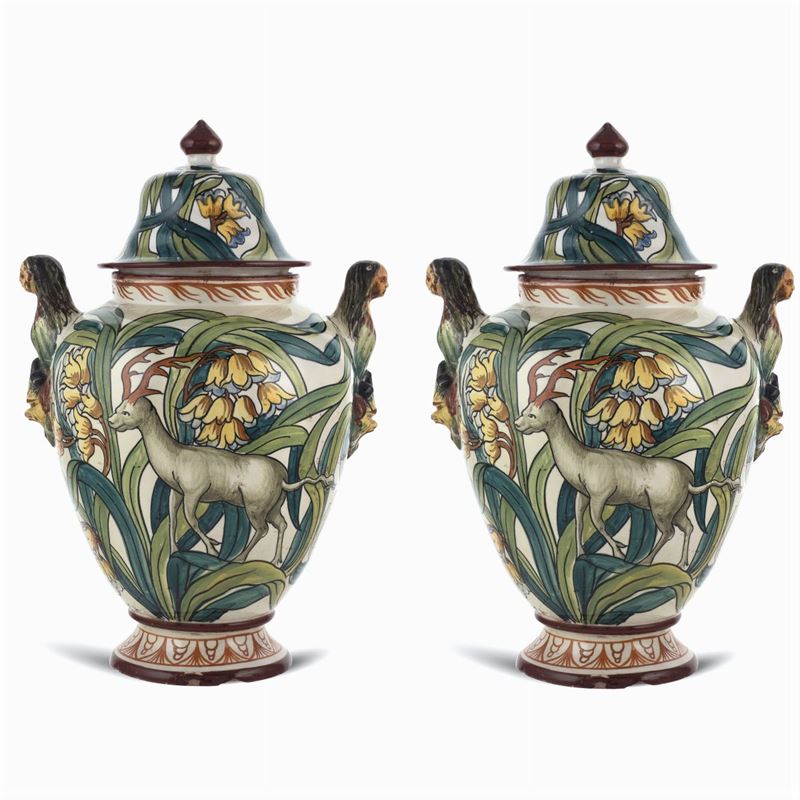 Coppia di Potiches a Balaustro in Maiolica