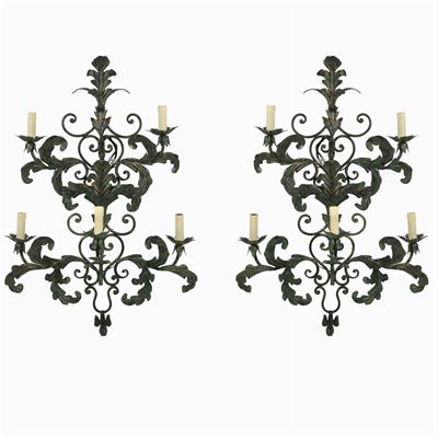 Coppia di Appliques a 5 Luci in Ferro Battuto Dipinto e Dorato