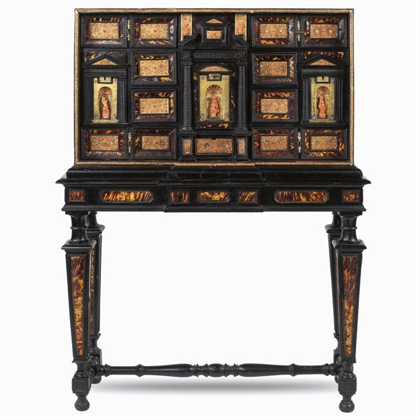 Important ebonized wood, shell and gilt copper coin cabinet