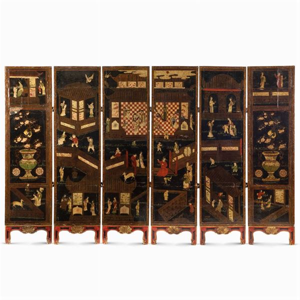 Large wood and Coromandel lacquer six panel fold screen