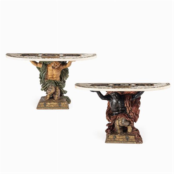 Andrea Bustolon Pair of carved, lacquered and gilded wood wall consoles