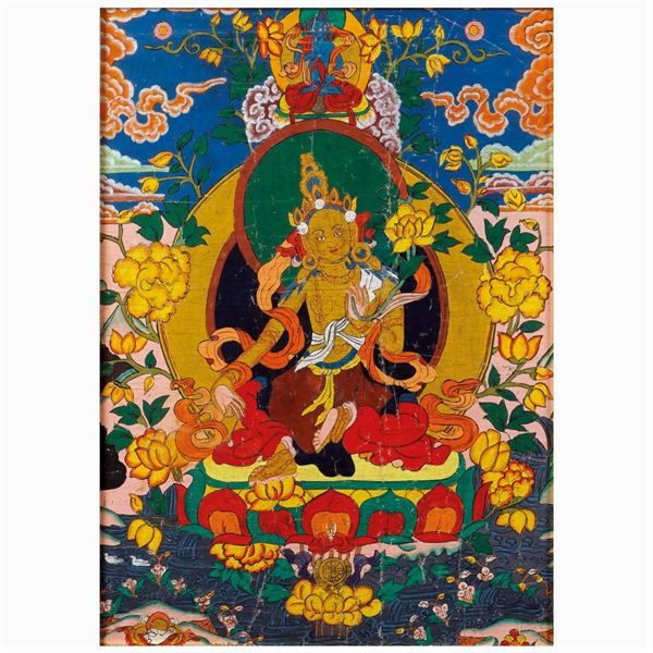 Thangka raffigurante "Tara gialla"  (Tibet-Nepal, XIX Sec.)  - Asta Da Importanti Collezioni Romane - Colasanti Casa d'Aste