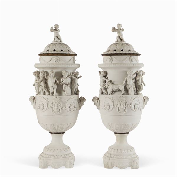 Pair of important biscuit porcelain potiches