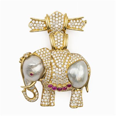 Pendente e Spilla Elefante in Oro Giallo 18kt