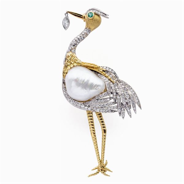 Spilla cicogna in oro giallo e bianco 18kt