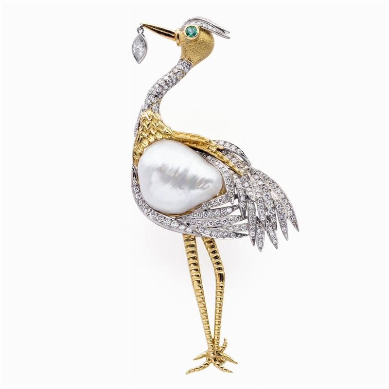 Spilla Cicogna in Oro Giallo e Bianco 18kt