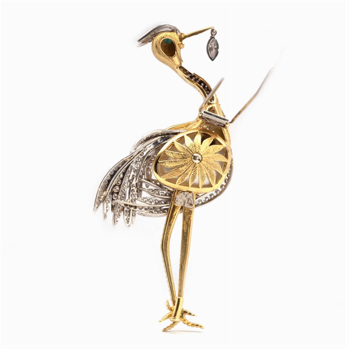 Spilla Cicogna in Oro Giallo e Bianco 18kt