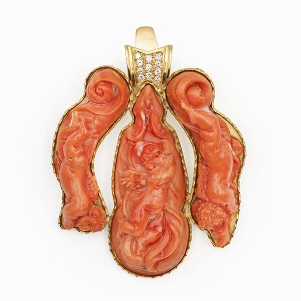 Pendente in oro giallo 18kt diamanti e corallo rosso