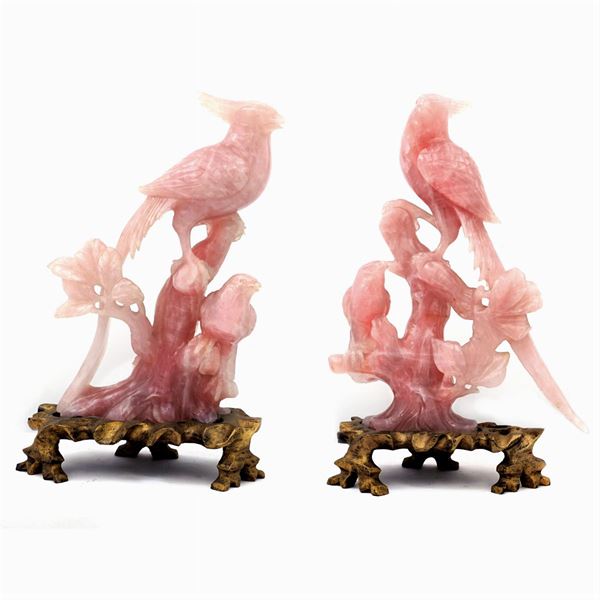 Pair of pink quartz sculptures  (Oriental manufacture, 19th-20th century)  - Auction From Important Roman Collections - Colasanti Casa d'Aste