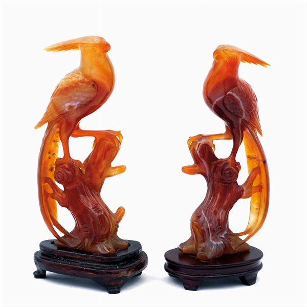 Pair of variegated agate sculptures  (Oriental manufacture, 19th-20th century)  - Auction From Important Roman Collections - Colasanti Casa d'Aste