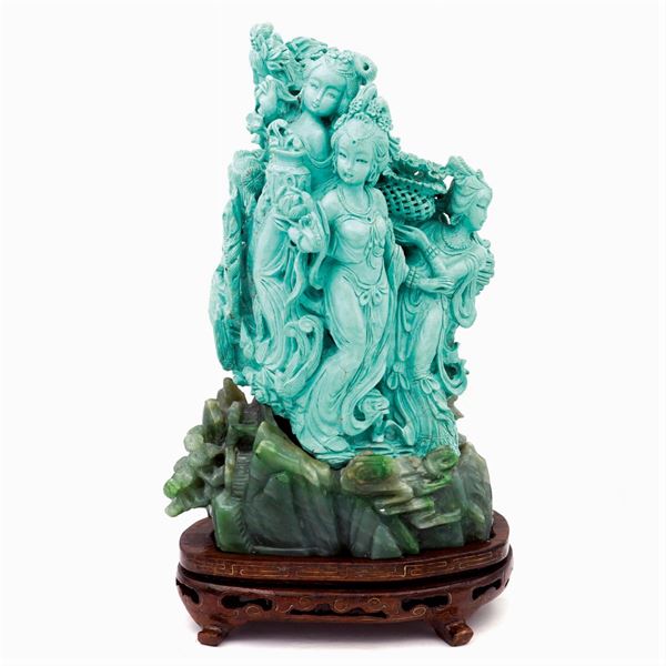 Jade and turquoise group  (Oriental manufacture, 19th-20th century)  - Auction From Important Roman Collections - Colasanti Casa d'Aste