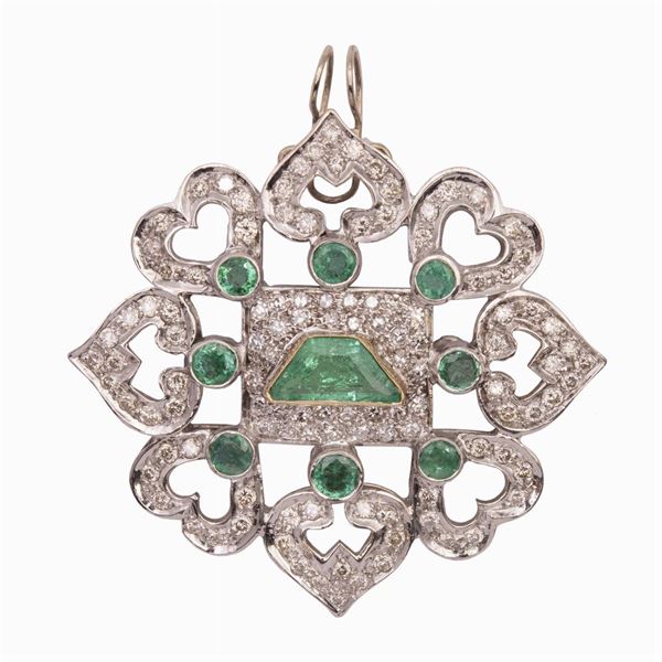 Pendente cuori in oro bianco 18kt con smeraldi e diamanti