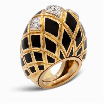 David Webb, Anello in Oro Giallo 18kt e Smalto Nero