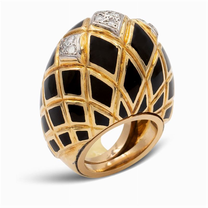 David Webb, Anello in Oro Giallo 18kt e Smalto Nero