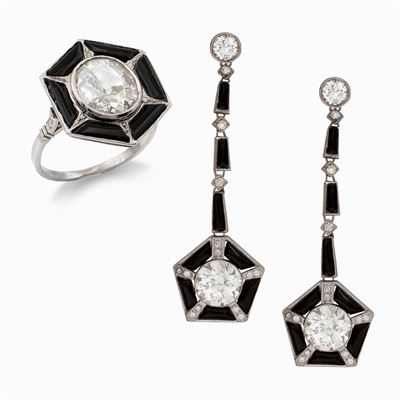 Parure Art Decò in Platino, Onice e Diamanti