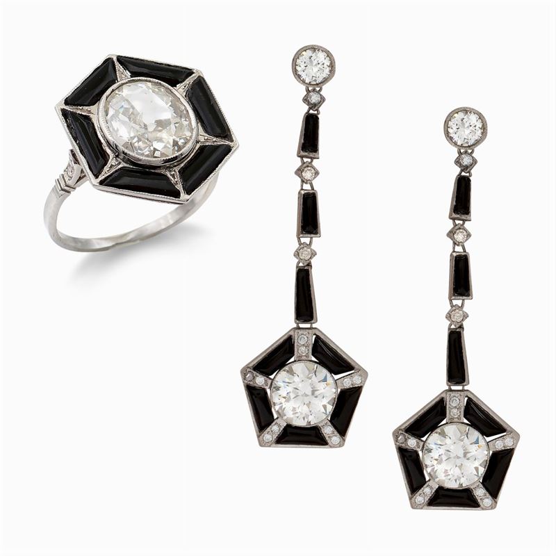 Parure Art Decò in Platino, Onice e Diamanti