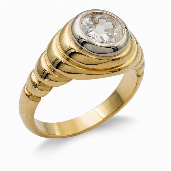 Anello a trombino in oro giallo e bianco 18kt