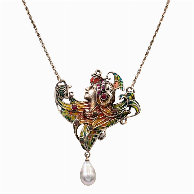 Pendente Art Nouveau in Argento e Smalto Pliqué a Jour