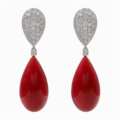 Orecchini Pendenti in Oro Bianco 18kt e Corallo Rosso Sardegna