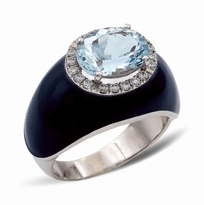 Anello a Trombino in Oro Bianco 18kt e Smalto Blu