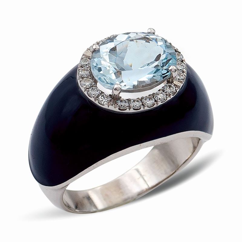 Anello a Trombino in Oro Bianco 18kt e Smalto Blu
