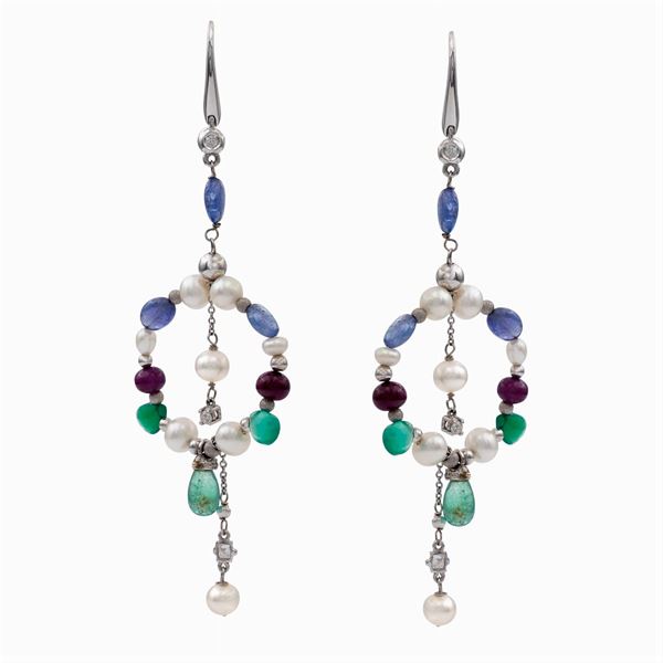 18kt white gold multicolor pendant earrings  - Auction FINE JEWELS AND WATCHES - Colasanti Casa d'Aste