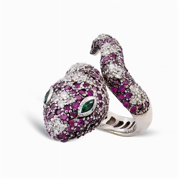 Silver, ruby and diamond snake ring