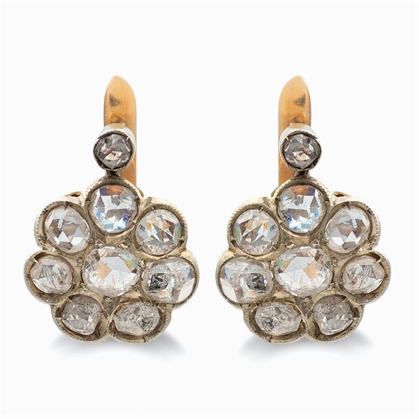 Gold, silver and diamond roses leverback earrings