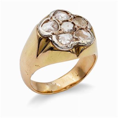 Anello in Oro Giallo e Argento con Rose di Diamante