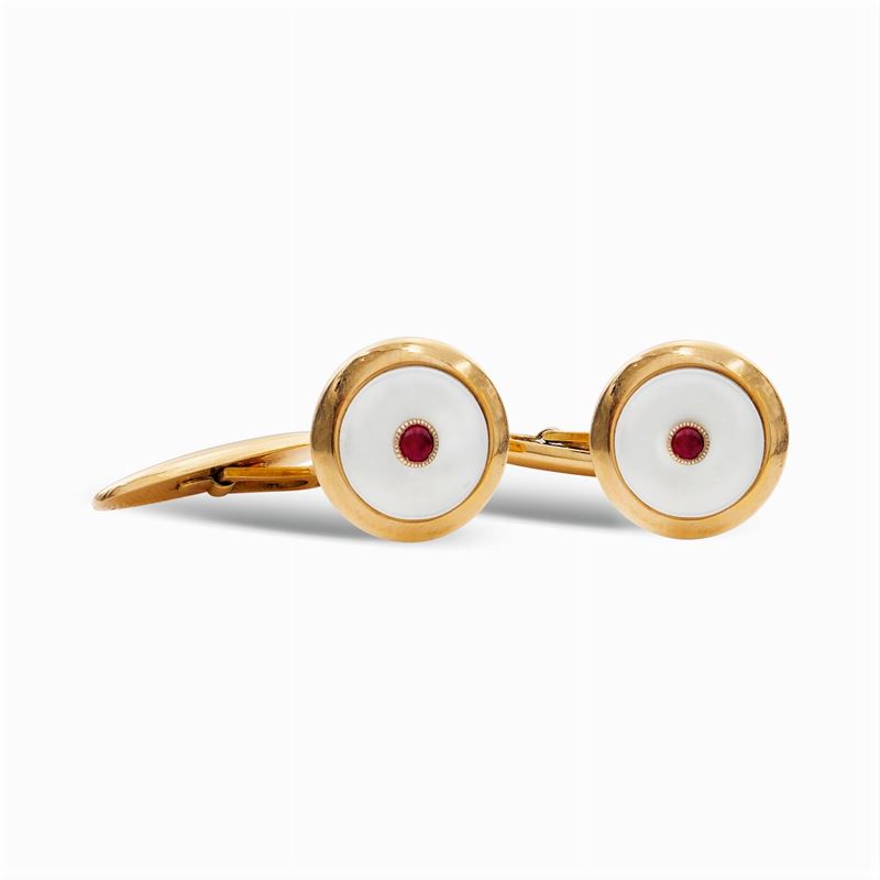 Gemelli di Forma Circolare in Oro Giallo 18kt e Madreperla