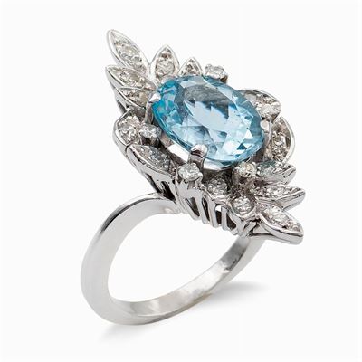 Anello Losanga in Oro Bianco 18kt con Acquamarina